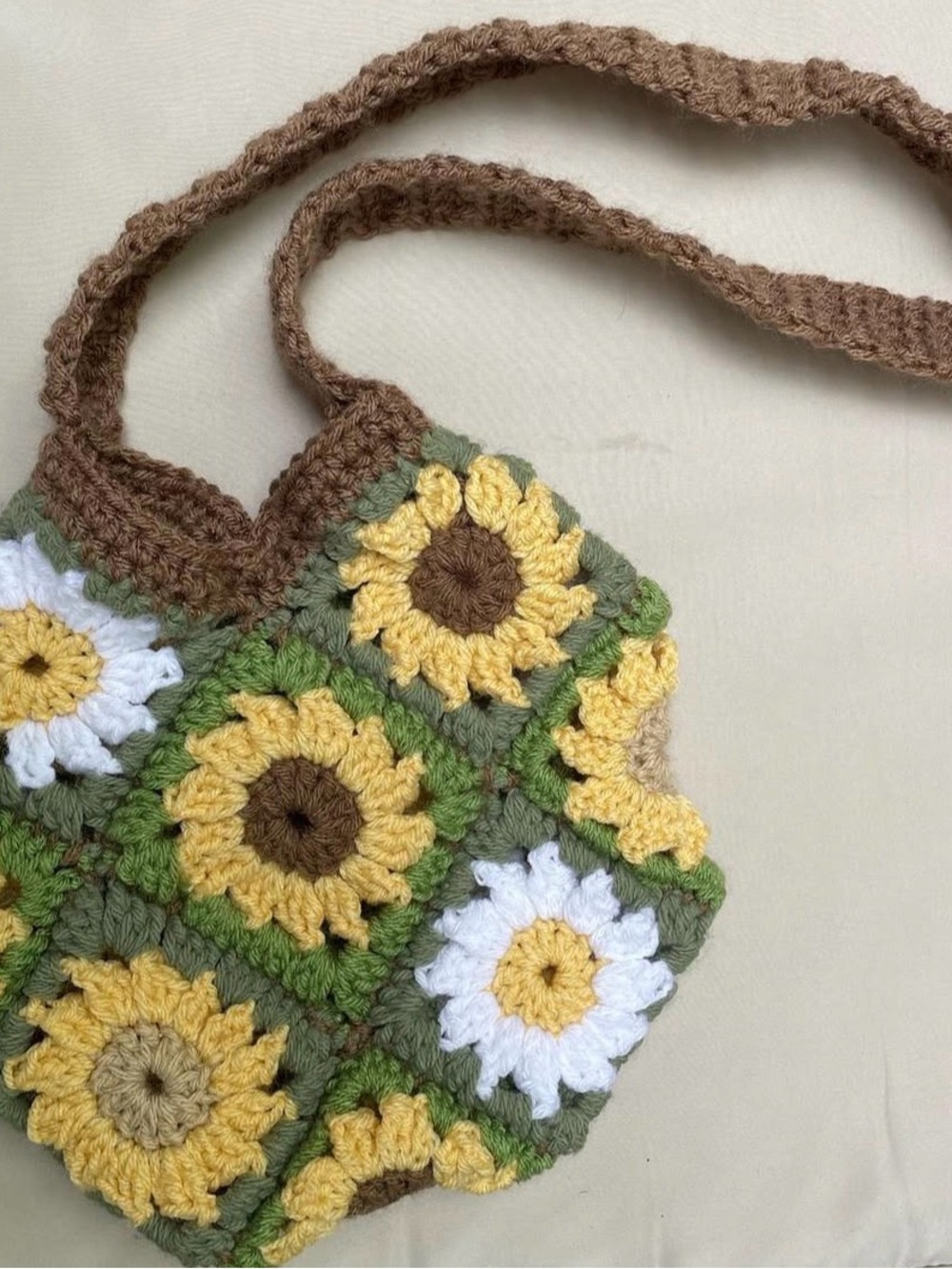Sunflower Crochet Shoulder Bag - Yellow, Green & Brown